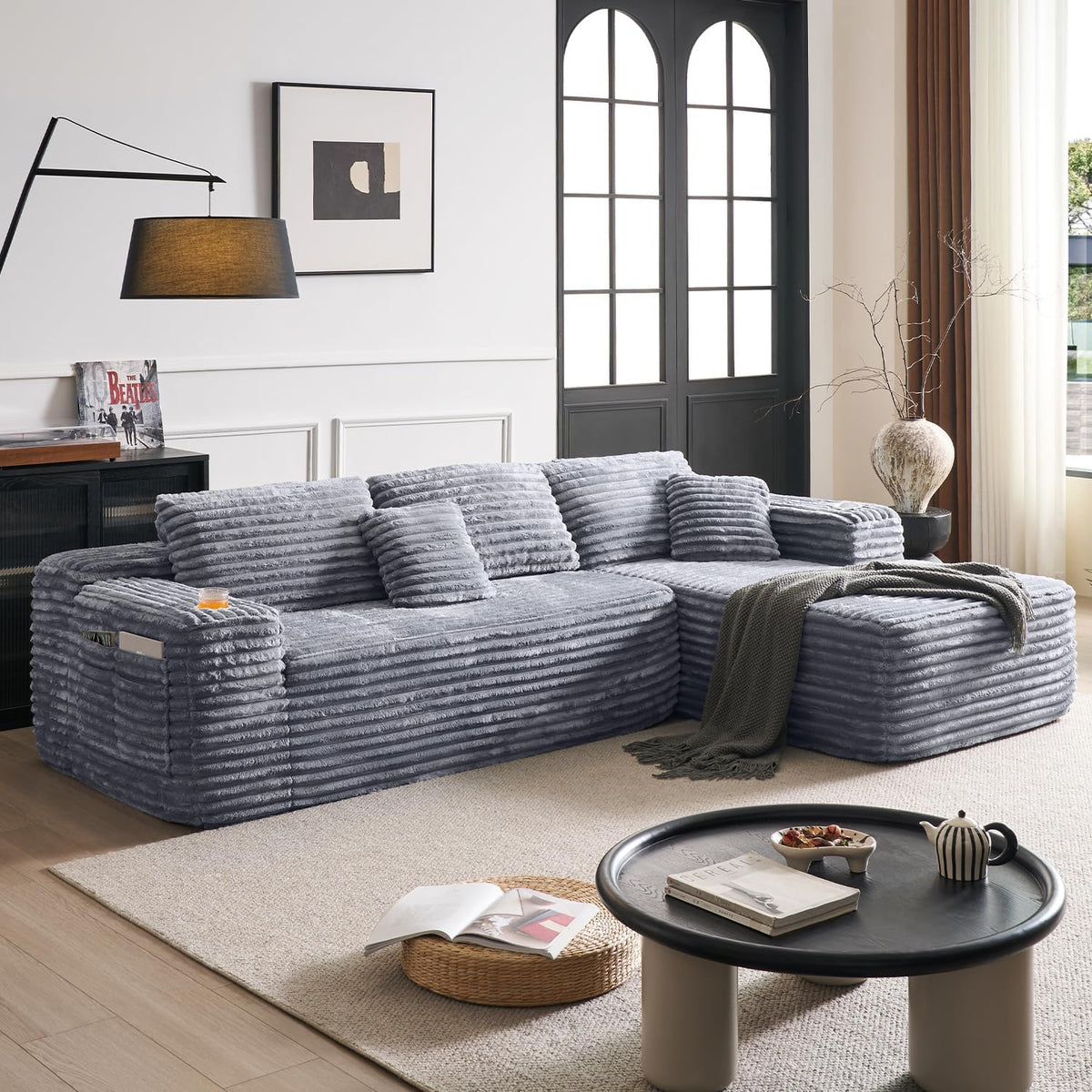 Cloud section sofa with L-shaped recliner modern modular sofa built-in cup holder